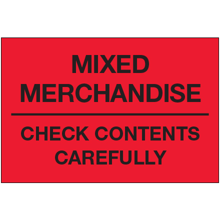 2 x 3" - "Mixed Merchandise - Check Contents Carefully" (Fluorescent Red) Labels